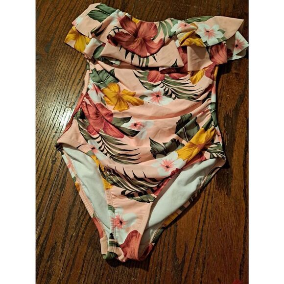 Medium Kona Sol Strapless Ruffle Floral One Piece Padded Swimsuit Bathing Suit - Picture 3 of 5